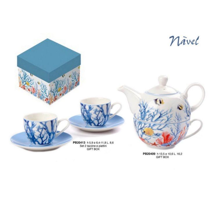 Tea for one in porcellana con decoro coralli e pesci azzurri