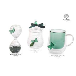 Barattolo in vetro con mestolo, farfalla verde e fiocco 13,2 cm