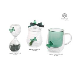 Barattolo in vetro con mestolo, farfalla verde e fiocco 13,2 cm