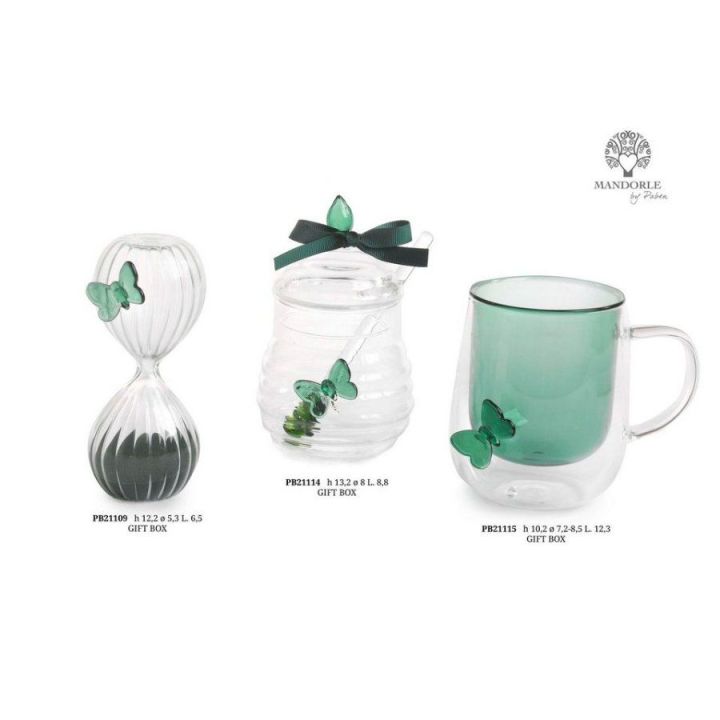 Barattolo in vetro con mestolo, farfalla verde e fiocco 13,2 cm