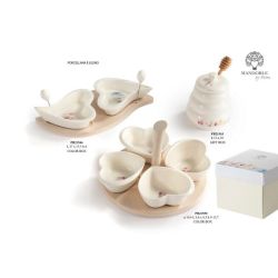 Set 2 ciotoline a cuore in porcellana con stecchini su base in legno, decoro tulipani