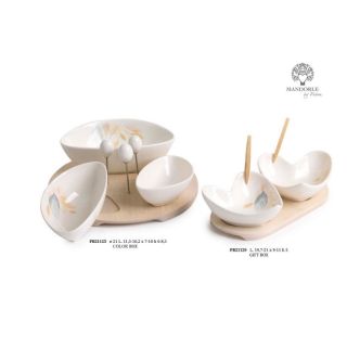 Set 2 ciotoline in porcellana con decoro foglie e spighe, stecchini e