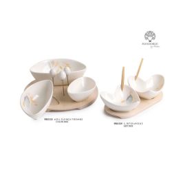 Set 2 ciotoline in porcellana con decoro foglie e spighe, stecchini e base in legno