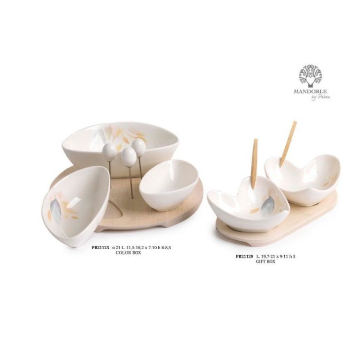 Set 2 ciotoline in porcellana con decoro foglie e spighe, stecchini e