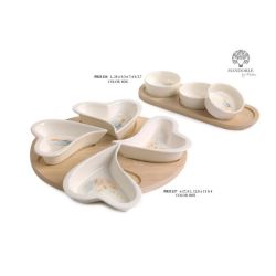Set 3 ciotoline rotonde in porcellana con decoro foglie e spighe su base in legno