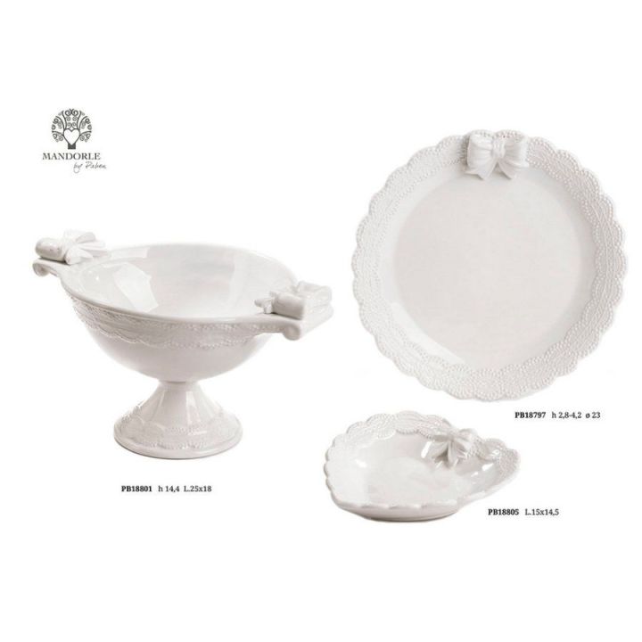 Piatto tondo in porcellana bianca con fiocco e bordo a pizzo 23 cm