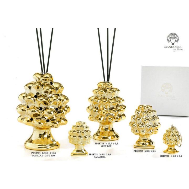 Diffusore per ambiente pigna color oro con luce in ceramica 15,3 cm