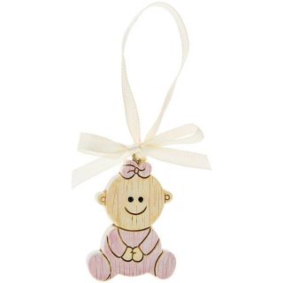 Appendino bimba rosa in legno con nastrino