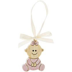 Appendino bimba rosa in legno con nastrino
