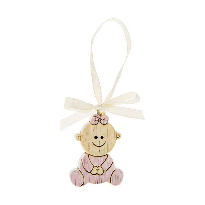 Appendino bimba rosa in legno con nastrino