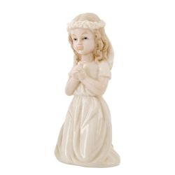 Statuina bimba in preghiera con coroncina di fiori in porcellana