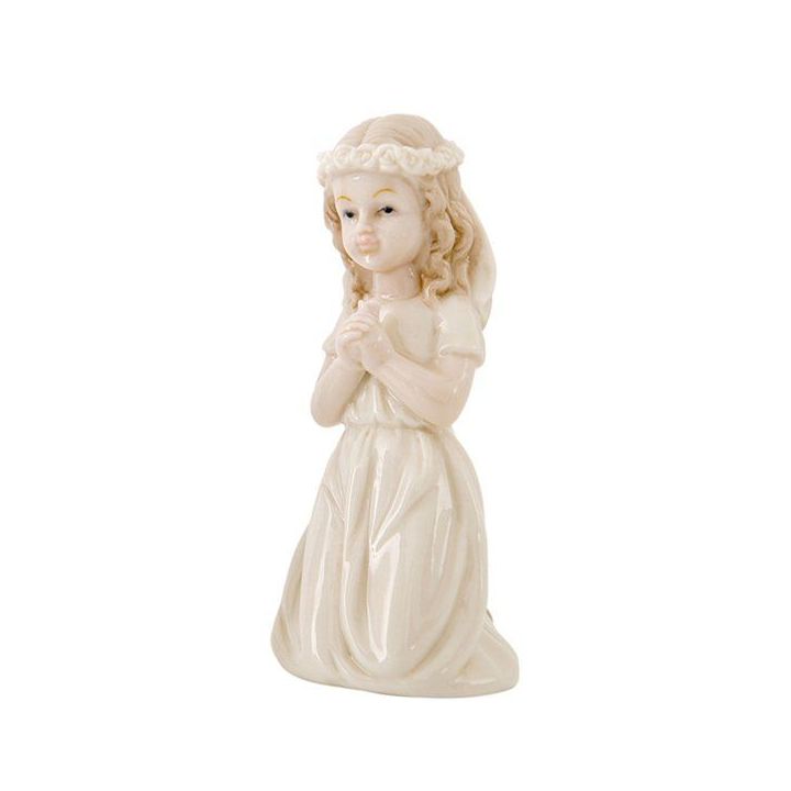Statuina bimba in preghiera con coroncina di fiori in porcellana