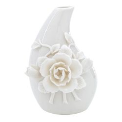 Vaso a goccia bianco con fiore in rilievo, altezza 12 cm