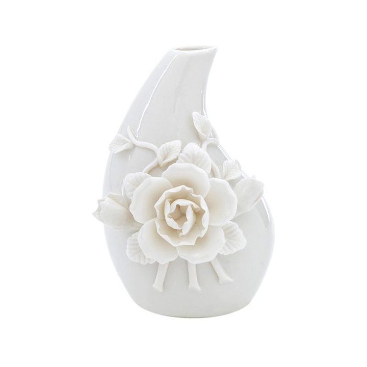 Vaso a goccia bianco con fiore in rilievo, altezza 12 cm