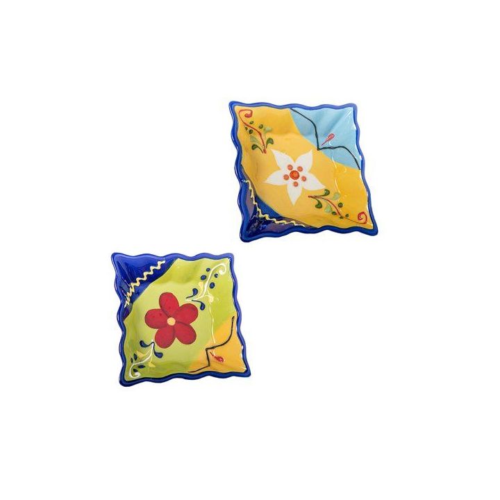 Set 2 piattini quadrati in ceramica decorati a fiori colorati