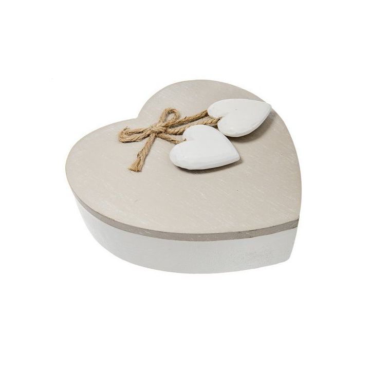 Scatola a cuore beige con cuoricini in legno, 13x13 cm