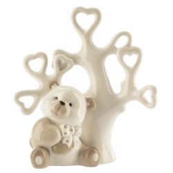 Orsetto con cuore e albero di cuori in porcellana beige, 14 cm