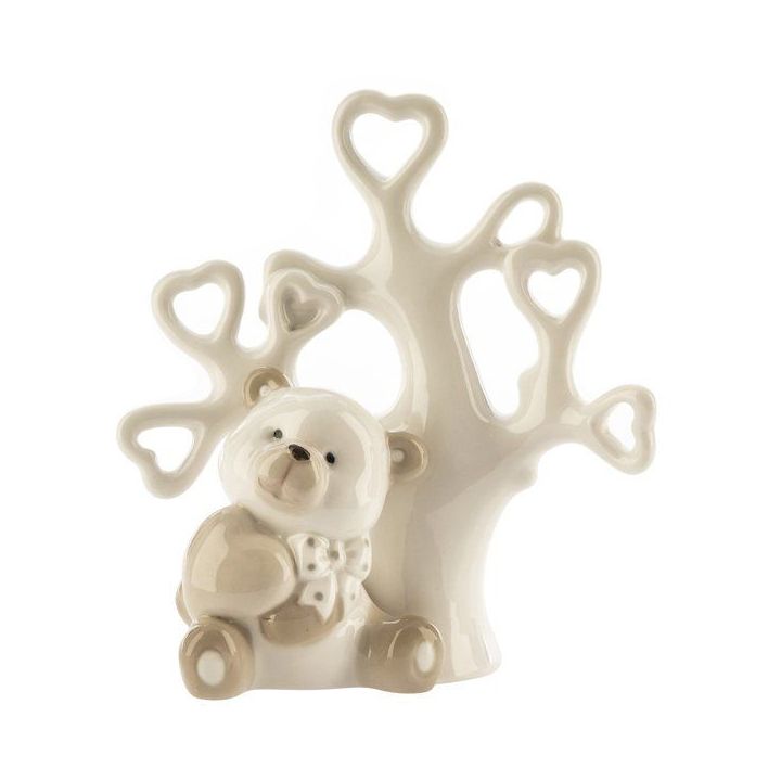 Orsetto con cuore e albero di cuori in porcellana beige, 14 cm