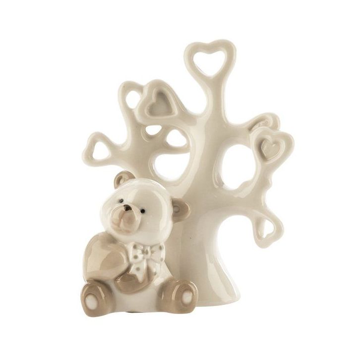 Orsetto con cuore e albero di cuori in porcellana beige, 12 cm