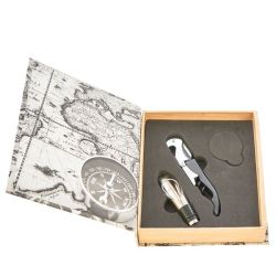 Set vino con cavatappi sommelier e tappo in scatola a tema mappamondo