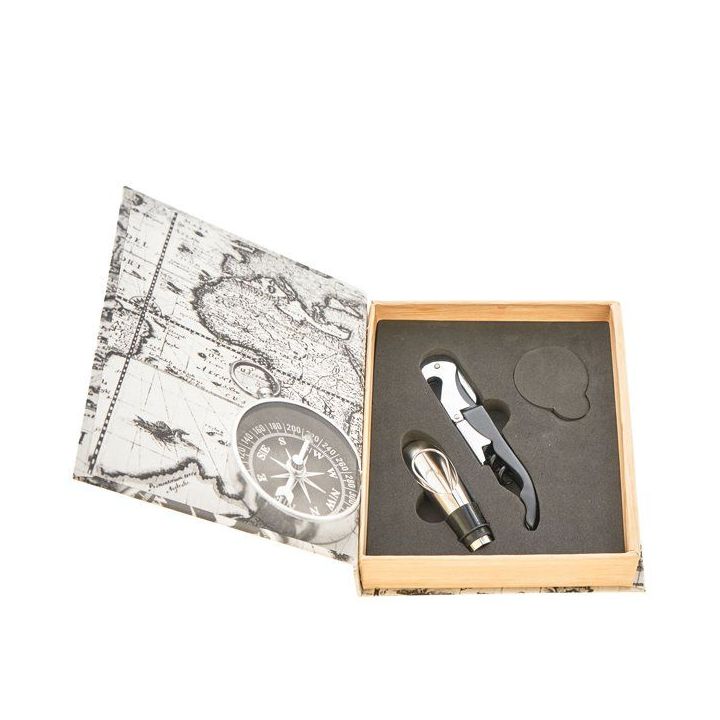 Set vino con cavatappi sommelier e tappo in scatola a tema mappamondo
