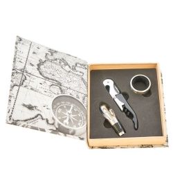 Set vino con cavatappi sommelier, anello salvagoccia, tappo e bussola in scatola a mappamondo