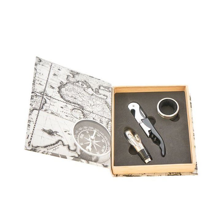 Set vino con cavatappi sommelier, anello salvagoccia, tappo e bussola