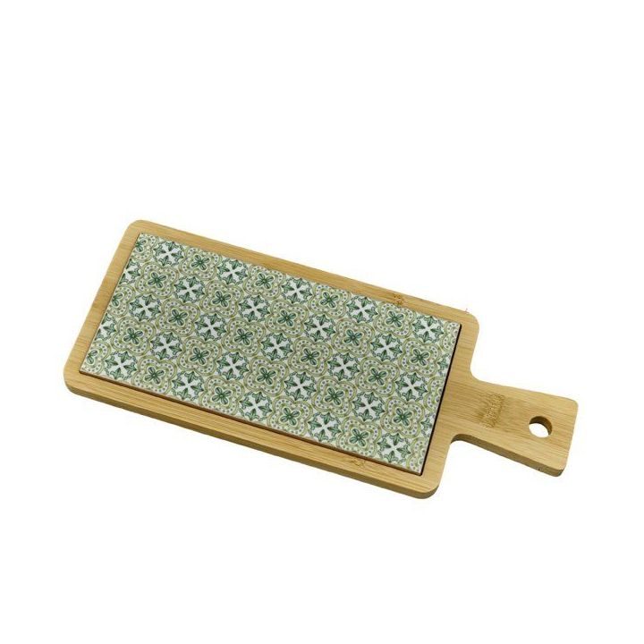 Tagliere rettangolare in bambù con piastrella decorata verde