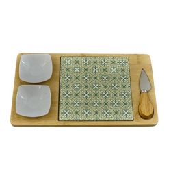 Set tagliere in bambù con piastrella decorata, ciotoline e coltello