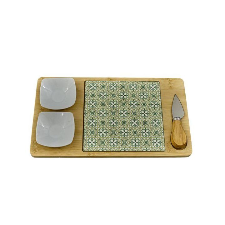 Set tagliere in bambù con piastrella decorata, ciotoline e coltello