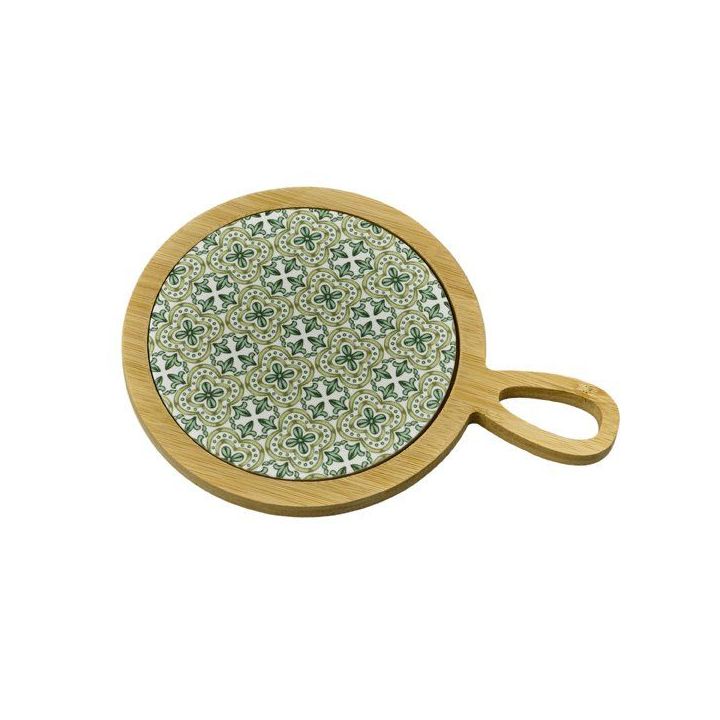 Tagliere rotondo in bambù con piastrella decorata verde