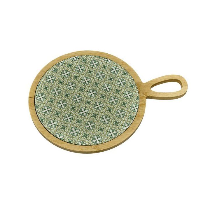 Tagliere rotondo grande in bambù con piastrella decorata verde