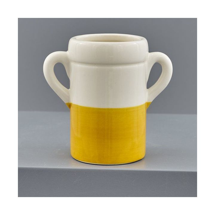 Vasetto portaoggetti in ceramica bianca e gialla con manici