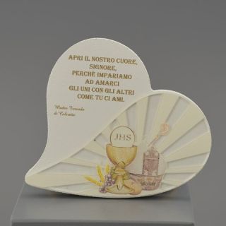 Quadretto a cuore in ceramica con calice, ostia e preghiera