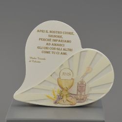 Quadretto a cuore in ceramica con calice, ostia e preghiera