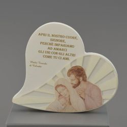 Quadretto a cuore in ceramica con Sacra Famiglia e preghiera