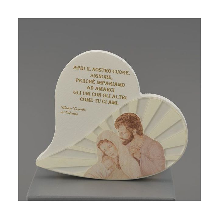 Quadretto a cuore in ceramica con Sacra Famiglia e preghiera
