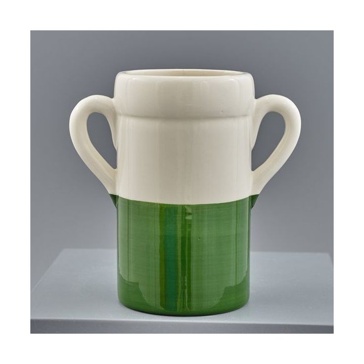 Vasetto portaoggetti in ceramica bianca e verde con manici