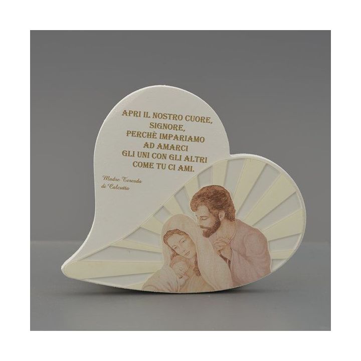 Quadretto a cuore in ceramica con Sacra Famiglia e preghiera