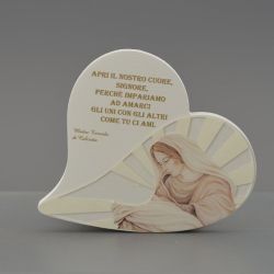 Quadretto a cuore in ceramica con Madonna e Bambino e preghiera