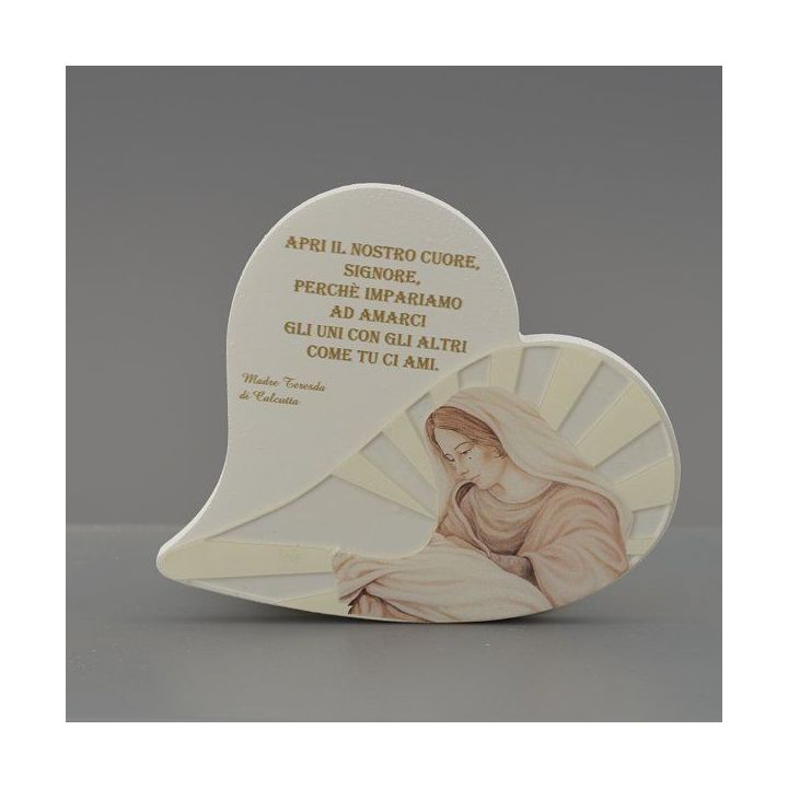 Quadretto a cuore in ceramica con Madonna e Bambino e preghiera
