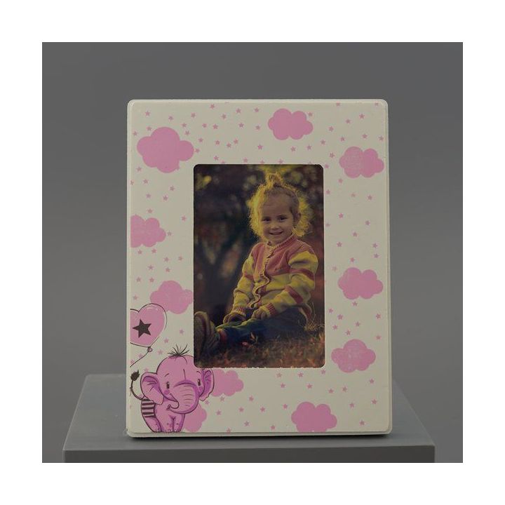 Portafoto in ceramica con elefantino rosa e nuvolette