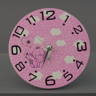 Orologio da parete tondo rosa con elefantino e nuvolette