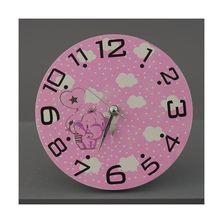 Orologio da parete tondo rosa con elefantino e nuvolette