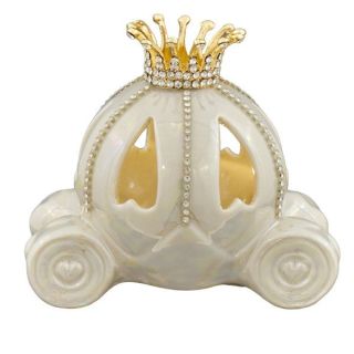Lumino a led carrozza in ceramica bianca con corona dorata