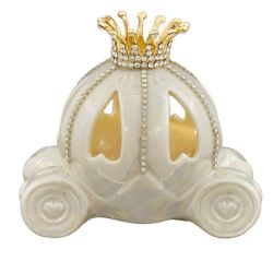 Lumino a led carrozza in ceramica bianca con corona dorata