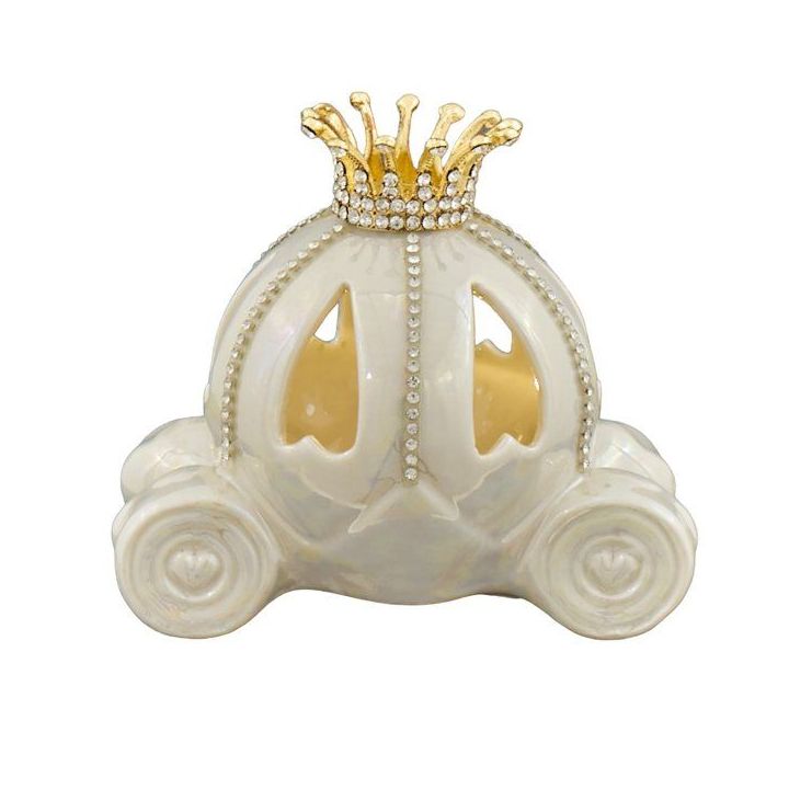 Lumino a led carrozza in ceramica bianca con corona dorata