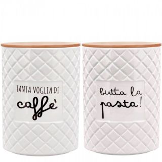Barattolo in ceramica bianca con coperchio in legno e scritta, h. 18 cm