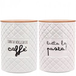 Barattolo in ceramica bianca con coperchio in legno e scritta, h. 18 cm