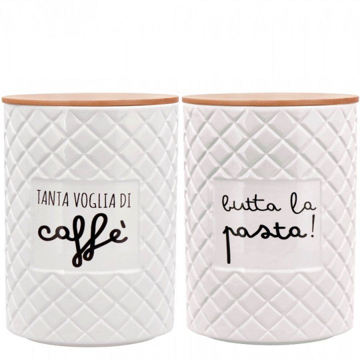 Barattolo in ceramica bianca con coperchio in legno e scritta, h. 18 cm